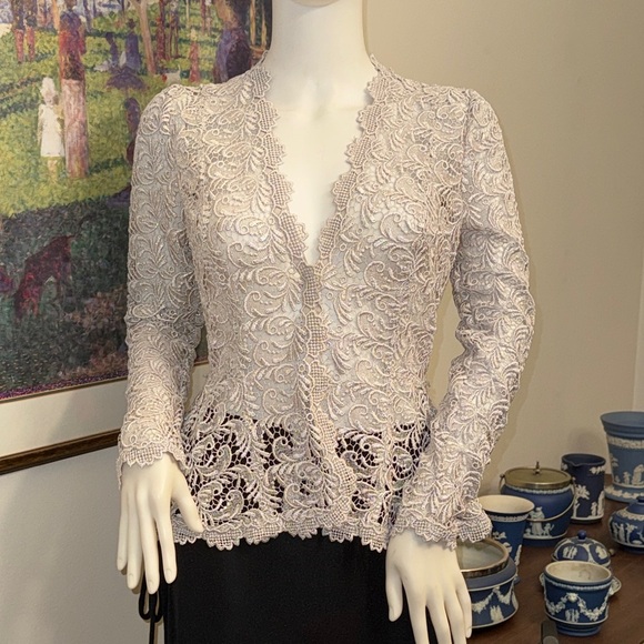 Carmen Marc Valvo Silver Lace Evening Jacket Size 6 - Picture 2 of 8